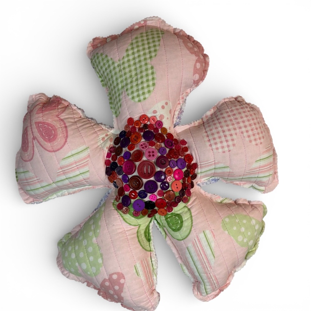 Handmade Quilted Flower Pillow Button Center Reversible Floral Wall Hanging 16in